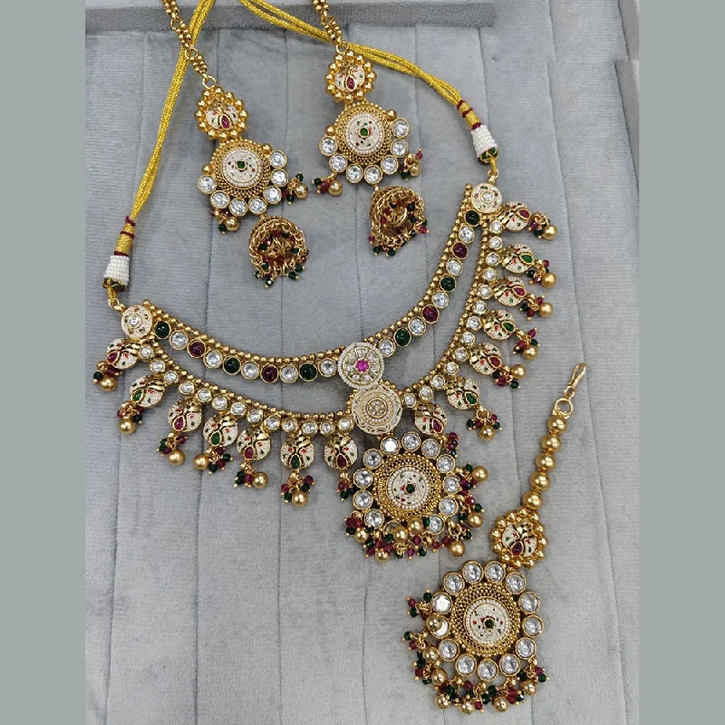 women’s statement necklace-JCM Gold Plated Kundan Stone And Pearls Meenakari Necklace Set