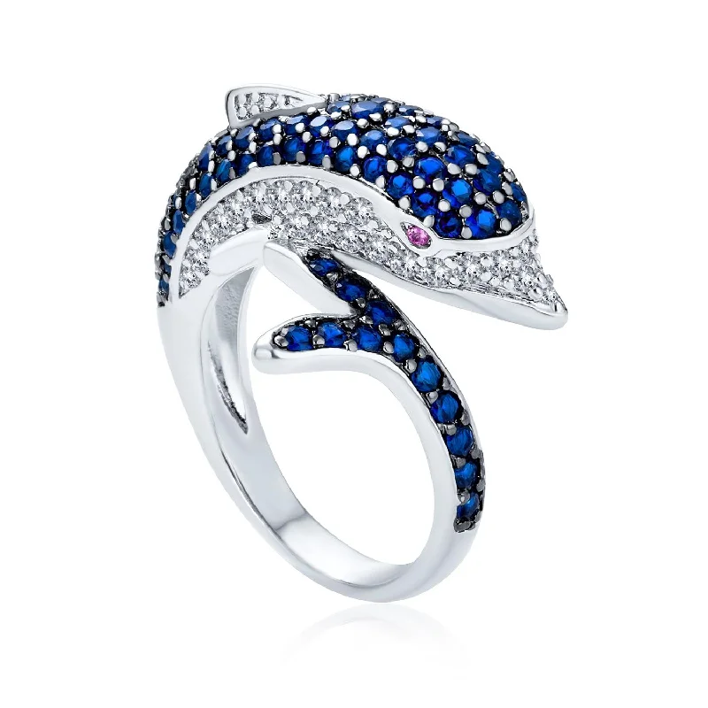 women’s fashion ring-Nautical Cocktail Statement Ring with Navy Blue CZ and Dolphin Design