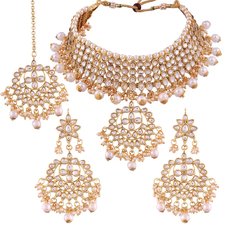 women’s eternity necklace-Etnico 18K Gold Plated Traditional Kundan & Pearl Studded Choker Necklace Jewellery Set with Earrings & Maang Tikka For Women (K7058W)