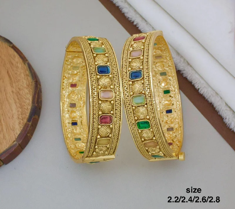 women’s emerald cut engagement rings-women’s adjustable bracelet-Pooja Bangles Gold Plated Pota Stone Openable Bangle Set