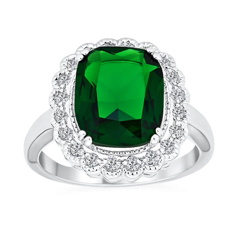 women’s pearl ring-Fashion Rectangle CZ Pave Green Emerald Cocktail Statement Ring Silver Plated