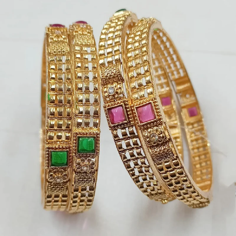 women’s emerald engagement rings-women’s engraved bangle-Padmawati Bangles Gold Plated Pota Stone Bangles Set