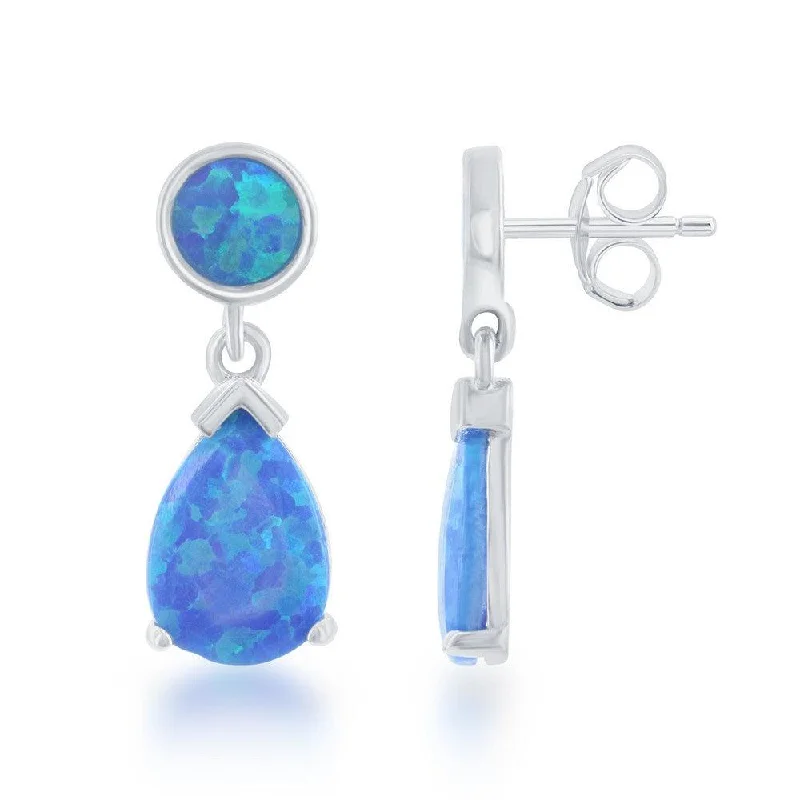 women’s gemstone stud earrings-Sterling Silver Blue Inlay Opal Dangling Earrings