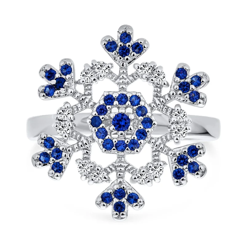 women’s emerald ring-Winter Holiday Silver Ring with Blue & Clear Cubic Zirconia Snowflake Design