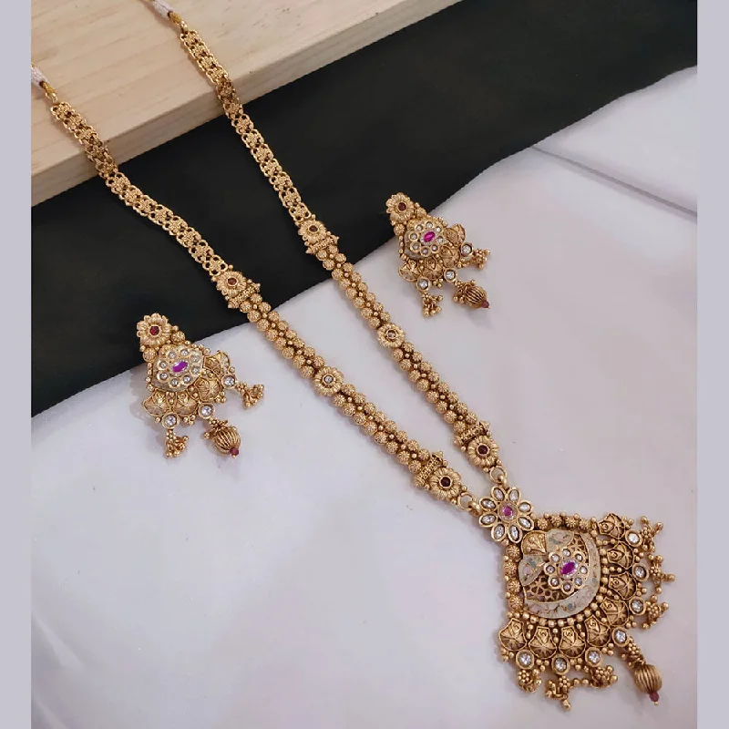 women’s double-layered necklace-Akruti Collection Gold Plated Kundan Stone And Pearls Meenakari Long Necklace Set