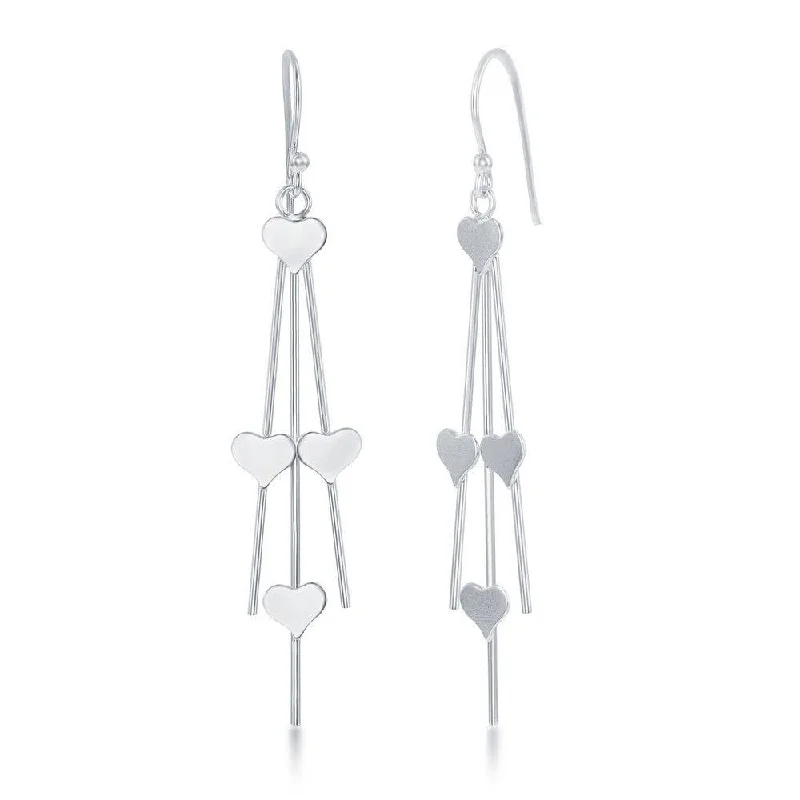 women’s sterling silver earrings-Sterling Silver Triple Wire Heart Dangling Earrings