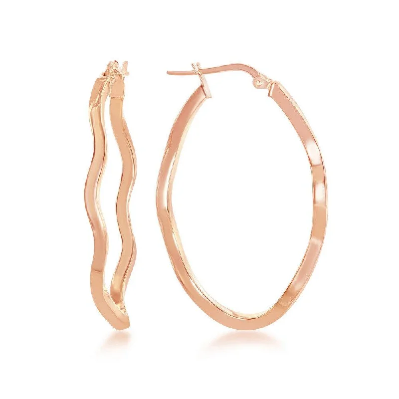 women’s luxury statement earrings-Sterling Silver Rose Gold Plated Wavy Designed Oval Hoop Earrings