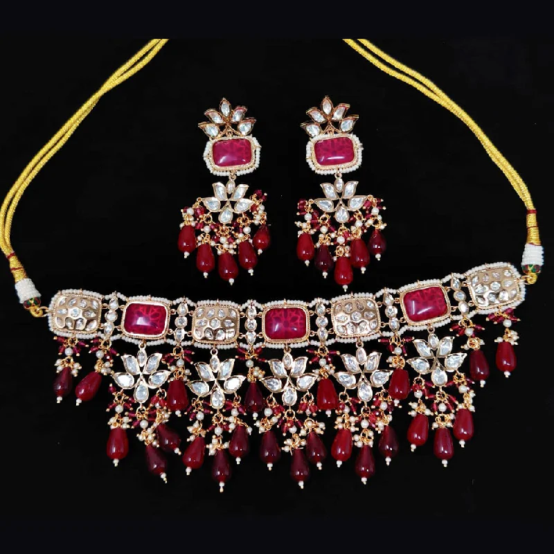 women’s simple necklace-JCM Gold Plated Kundan Stone And Pearls Choker Necklace Set