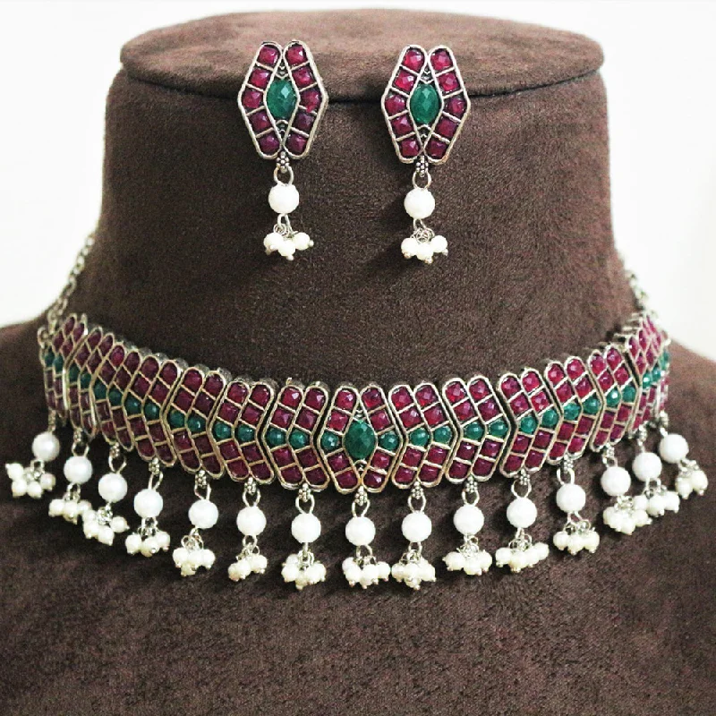 women’s delicate silver necklace-H K Fashion Oxidised Plated Pota Stone And Pearls Necklace Set