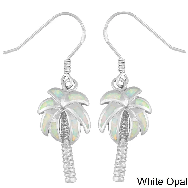 women’s emerald earrings-Sterling Silver White Inlay Opal Palm Tree Earrings