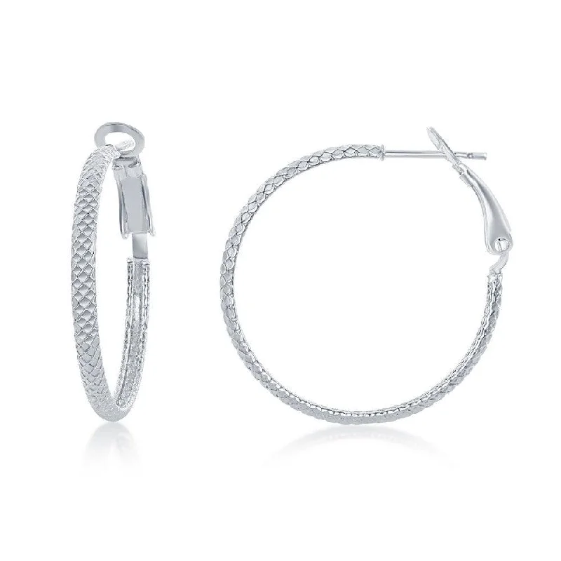 women’s butterfly earrings-Sterling Silver Rounded Checkered Hoop Earrings, 30 mm