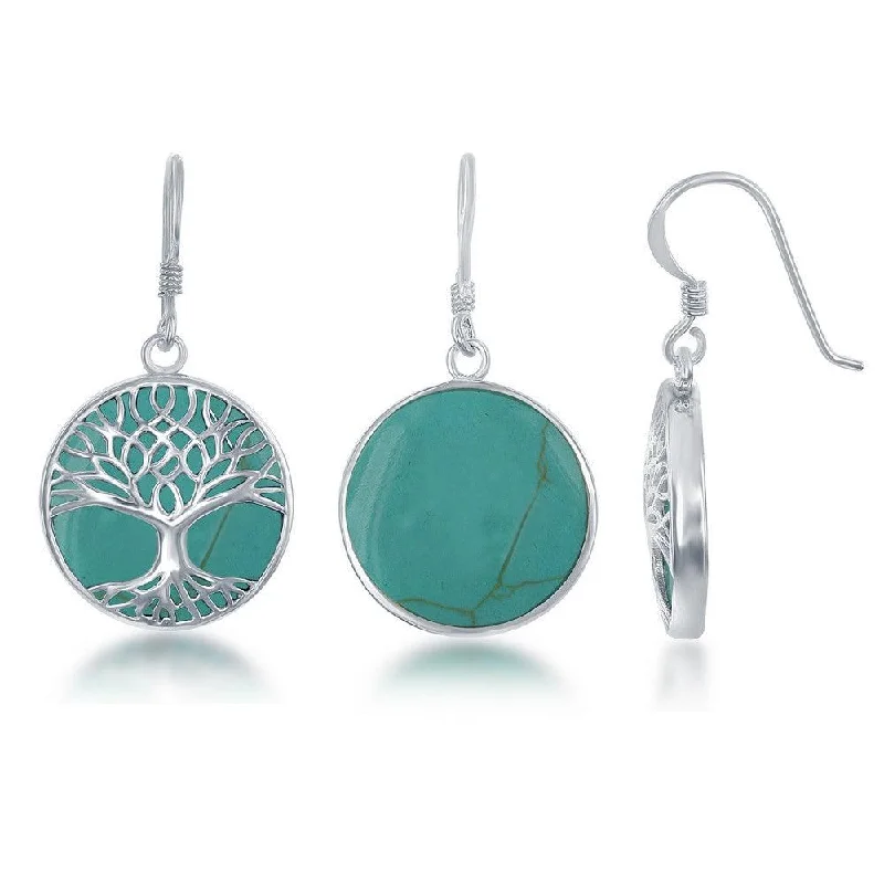 women’s sterling silver hoop earrings-Sterling Silver Turquoise Tree of Life Earrings