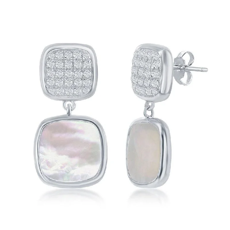 women’s rhinestone earrings-Sterling Silver Micro Pave and MOP Square Earrings