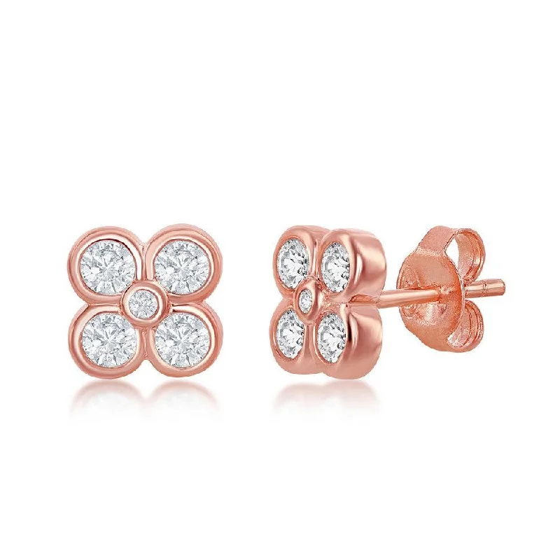 women’s heart-shaped gold earrings-Sterling Silver Rose GP Small Flower CZ Stud Earrings