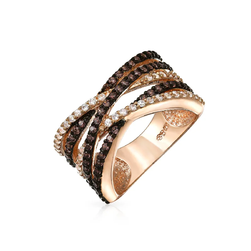 women’s diamond ring-Crossover Cocktail Statement Ring Two Tone Brown Coffee Pave CZ Band Rose Gold