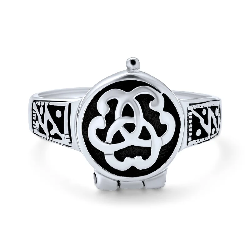 women’s sapphire ring-Triquetra Celtic Knot Trinity Signet Poison Ring for Men Oxidized Silver