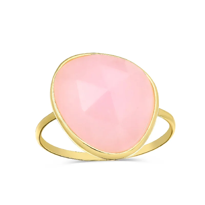 women’s wedding diamond ring-Pink Silver Ring with Large Simulated Rose Quartz Stone 14K Gold Plated