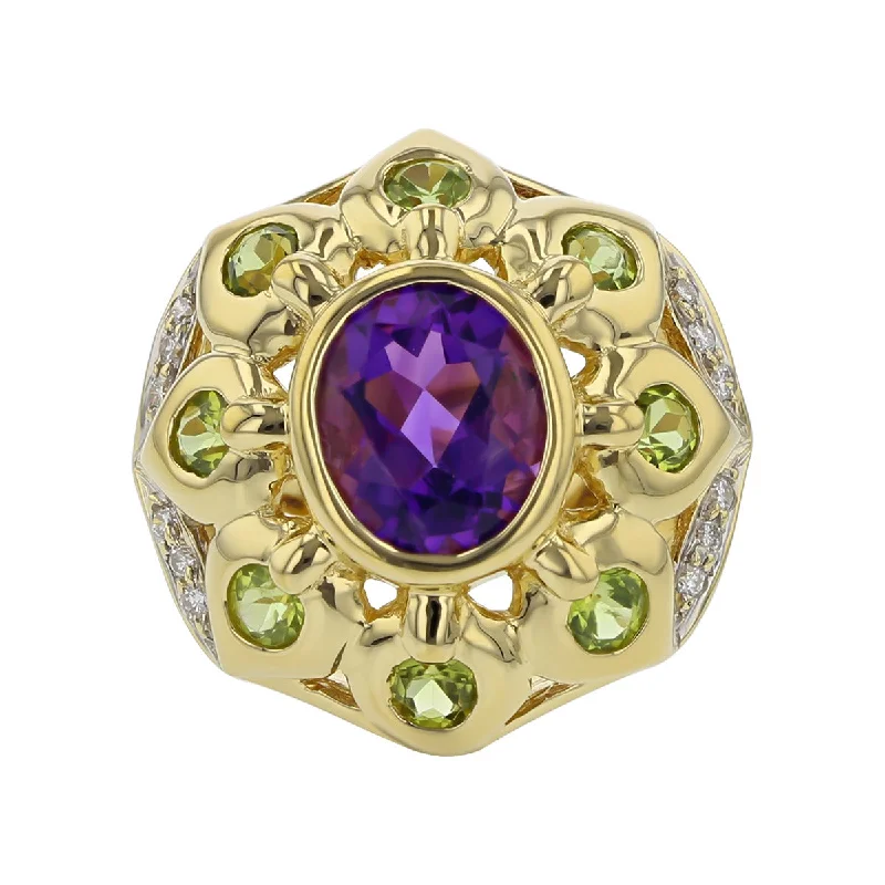 18K Yellow Gold Amethyst, Peridot and Diamond Ring