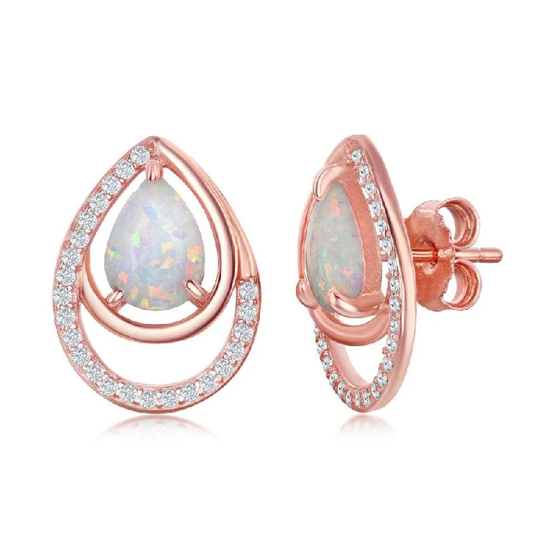 women’s huggie earrings-Sterling Silver Rose GP Pear-Shaped White Opal CZ Earrings