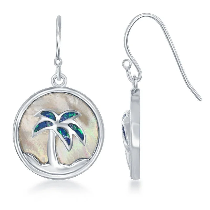 women’s classy stud earrings-Sterling Silver Blue Inlay Opal Palm Tree Earrings