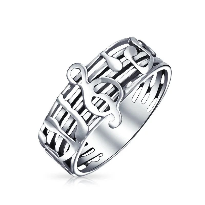 women’s vintage ring-Silver Ring for Musicians: Treble Clef Note Band in Oxidized Sterling Silver