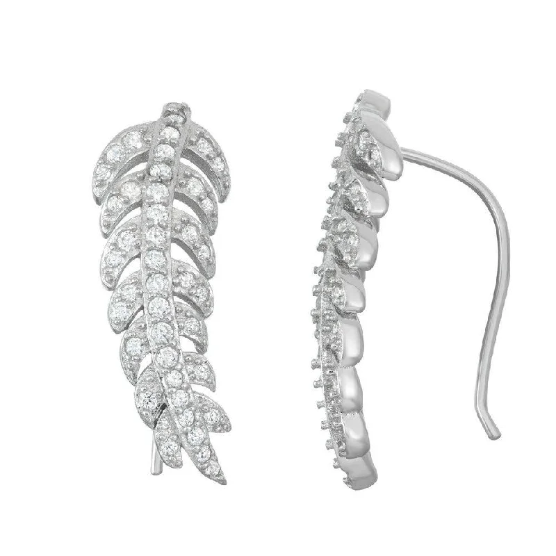 women’s silver earrings-Sterling Silver CZ Leaf Climber Earrings