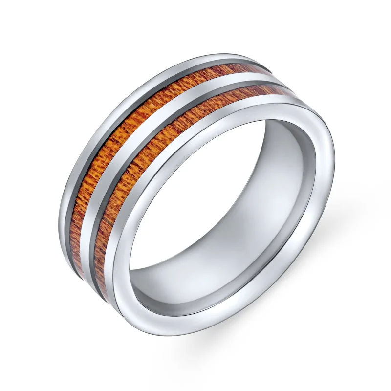 women’s stackable rings set-Tungsten Wedding Band Ring with Double Row Koa Wood Inlay and Silver Tone Comfort Fit