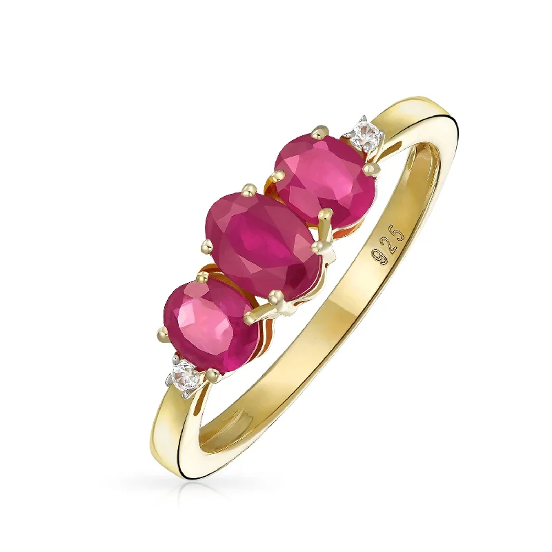 women’s oval ring-Silver Ring with 3 Stone 2CTW Oval Red Ruby Yellow Gold Plated Sterling Silver