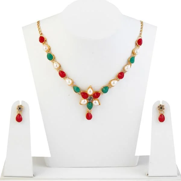 women’s choker necklace-Kriaa Pota Stone Pearl Floral Gold Plated Necklace Set