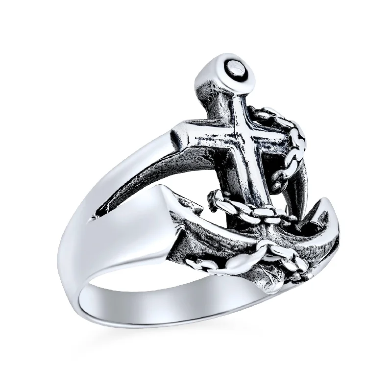 women’s silver stackable rings-Mens Silver Ring Nautical Anchor Band Oxidized .925 Sterling Made in Turkey