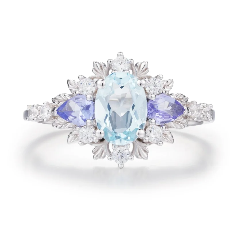 women’s boho ring-Dahlia Aquamarine Tanzanite Ring©