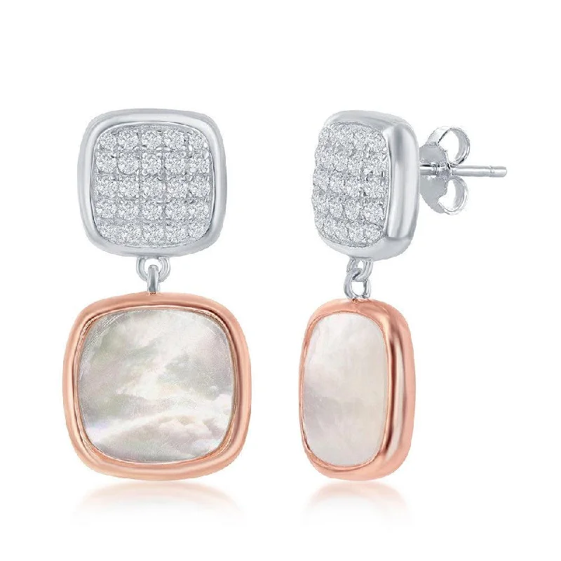 women’s gold drop earrings-Sterling Silver Rose Gold Plated MOP Square Earrings