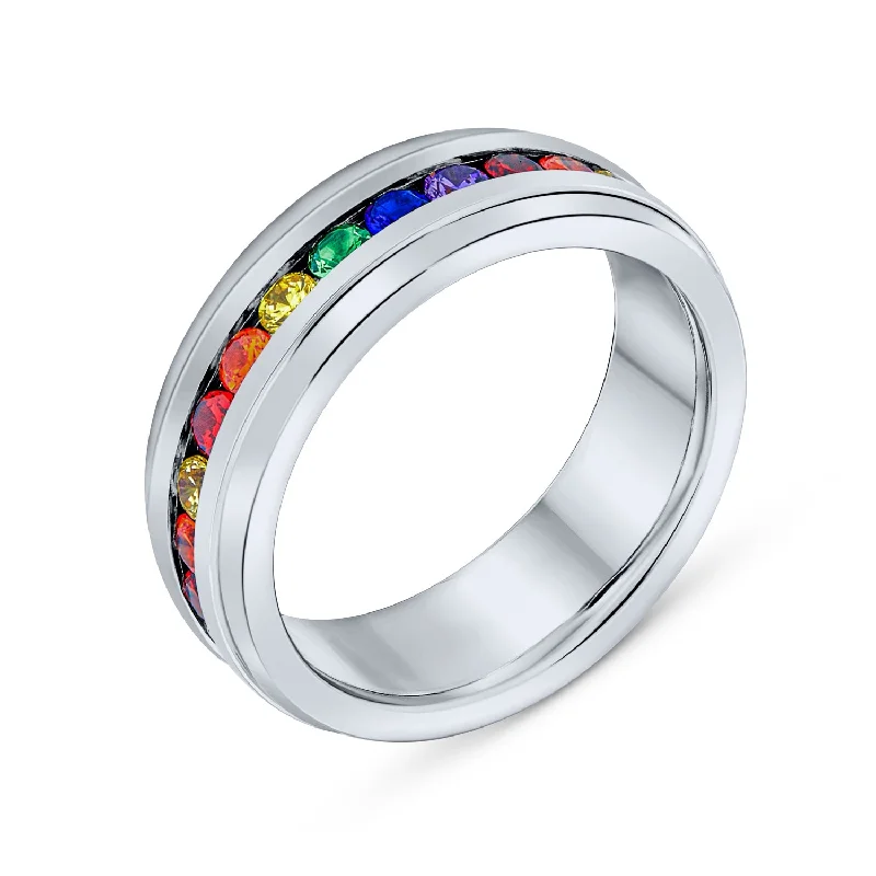 women’s square ring-Mens Stainless Steel Rainbow CZ Eternity Ring LGBTQ Wedding Band Comfort Fit