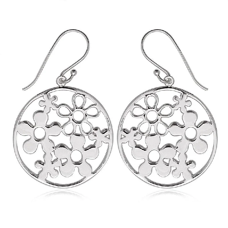 women’s opal earrings-Sterling Silver Open Circle with Multiple Flowers Earrings