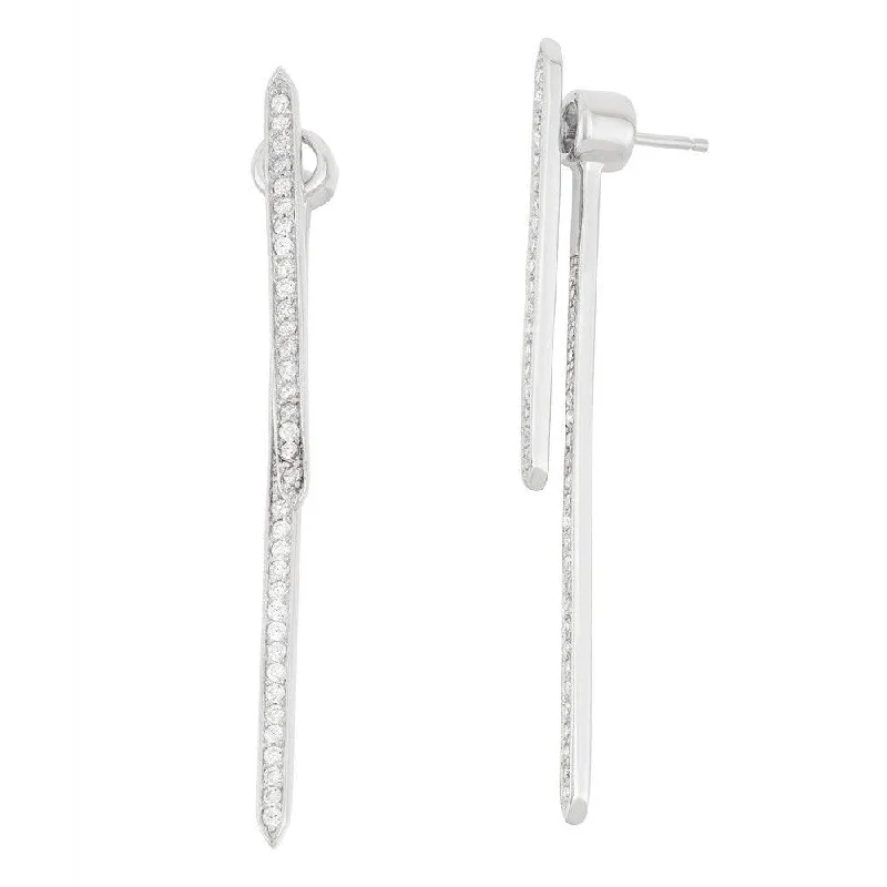 women’s gemstone earrings-Sterling Silver CZ Front and Back Long Bar Earrings