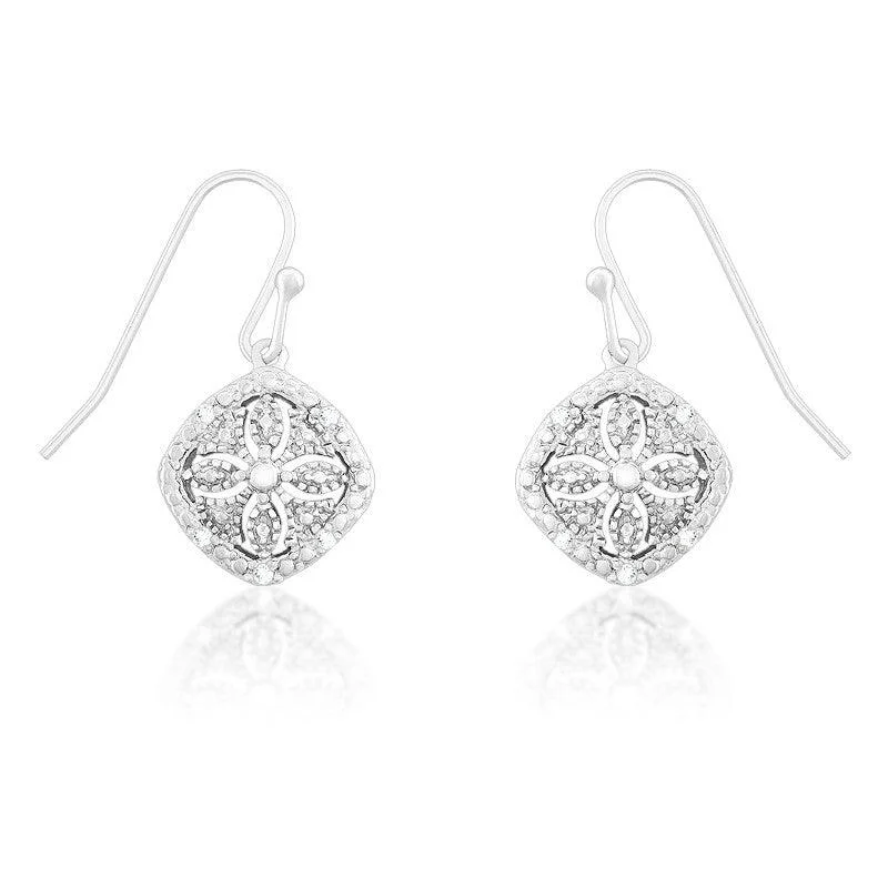 women’s tassel earrings-Sterling Silver Square Disc Flower Diamond Earrings