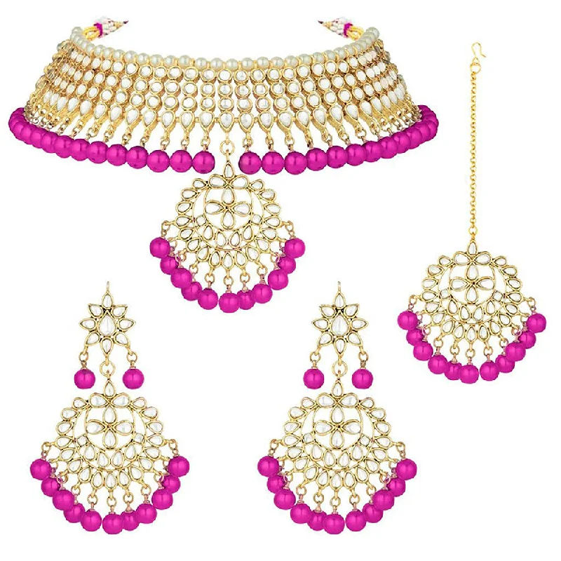 women’s birthstone necklace-Etnico 18K Gold Plated Traditional Kundan & Pearl Studded Choker Necklace With Earrings and Maang Tikka Set (K7058Q)