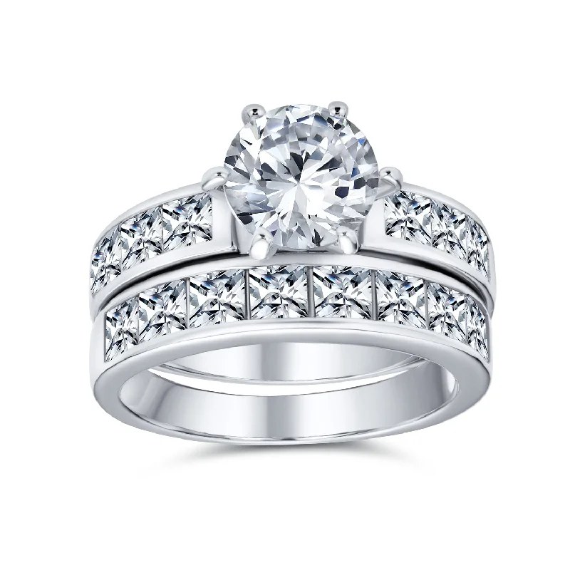 women’s geometric ring-Cocktail Statement Ring: 1.5-3CT Round Solitaire CZ with Princess Cut Side Stones