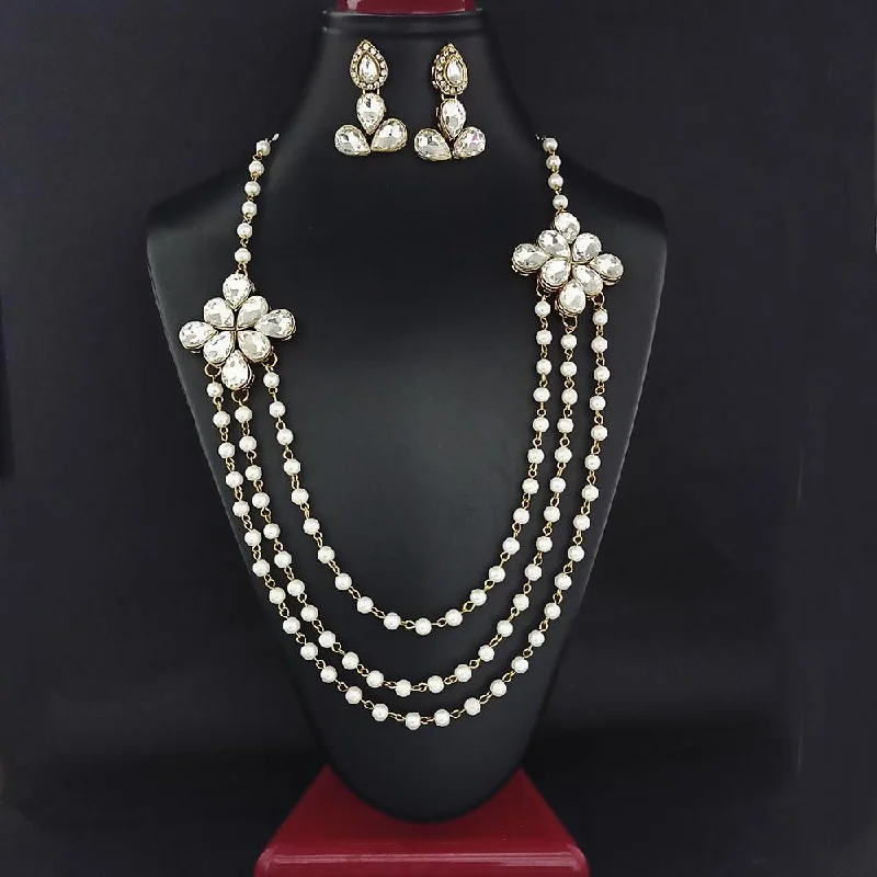 women’s pearl cluster necklace-Kriaa Gold Plated Glass Stone And Pearl Necklace  Set  - 1106414B