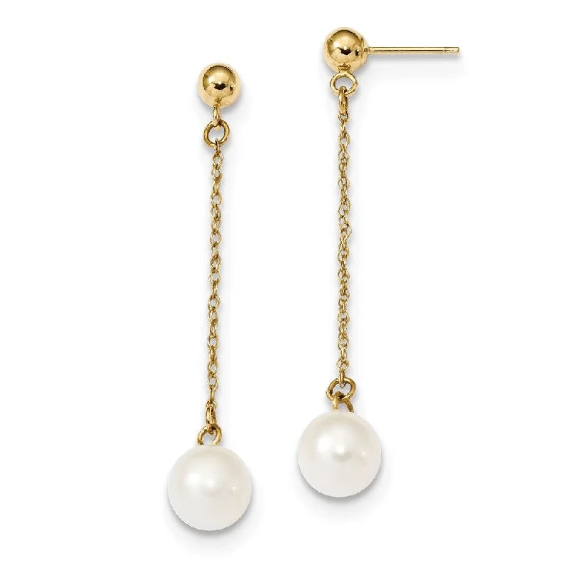 women’s infinity earrings-14k 7-8mm White Round Freshwater Cultured Pearl Dangle Post Earrings