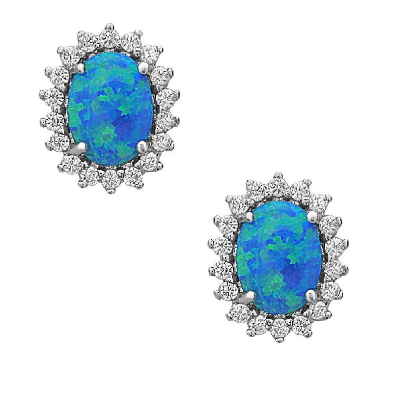 women’s butterfly earrings-Sterling Silver Oval CZ Blue Inlay Opal Earrings