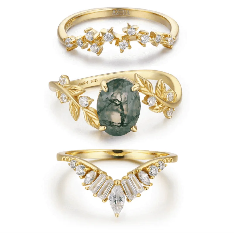 women’s square ring-Between the Leaf Moss Agate©, Hillcrest, and Starry Night Yellow Gold Ring Set