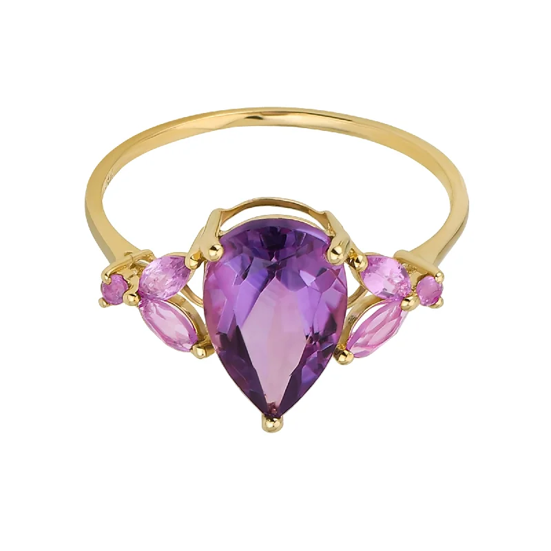 women’s luxury engagement ring-Real 14K Gold Pink Tourmaline Amethyst Topaz Teardrop Emerald Cut Cocktail Ring