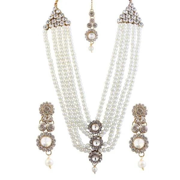 women’s adjustable necklace-Vivant Charms Stone Pearl Necklace Sets With Maang Tikka