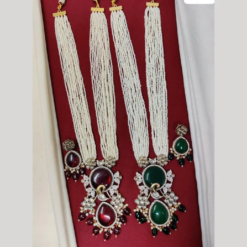 women’s charm necklace-JCM Gold Plated Kundan Stone And Beads Long Necklace Set