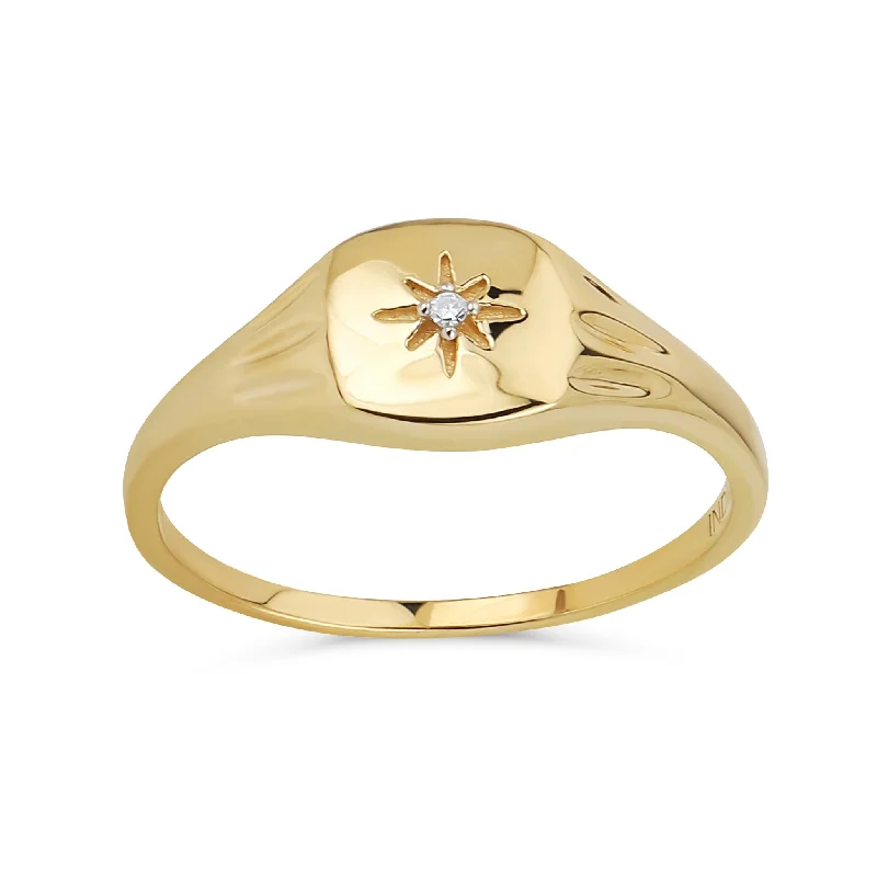 women’s chunky statement ring-Minimalist Diamond Chip Yellow 14K Gold Celestial North Star Ring Thin 1MM Band