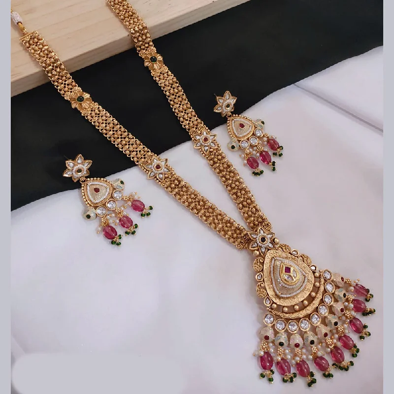 women’s bar necklace-Lucentarts Jewellery Gold Plated Pota Stone And Meenakari Long Necklace Set