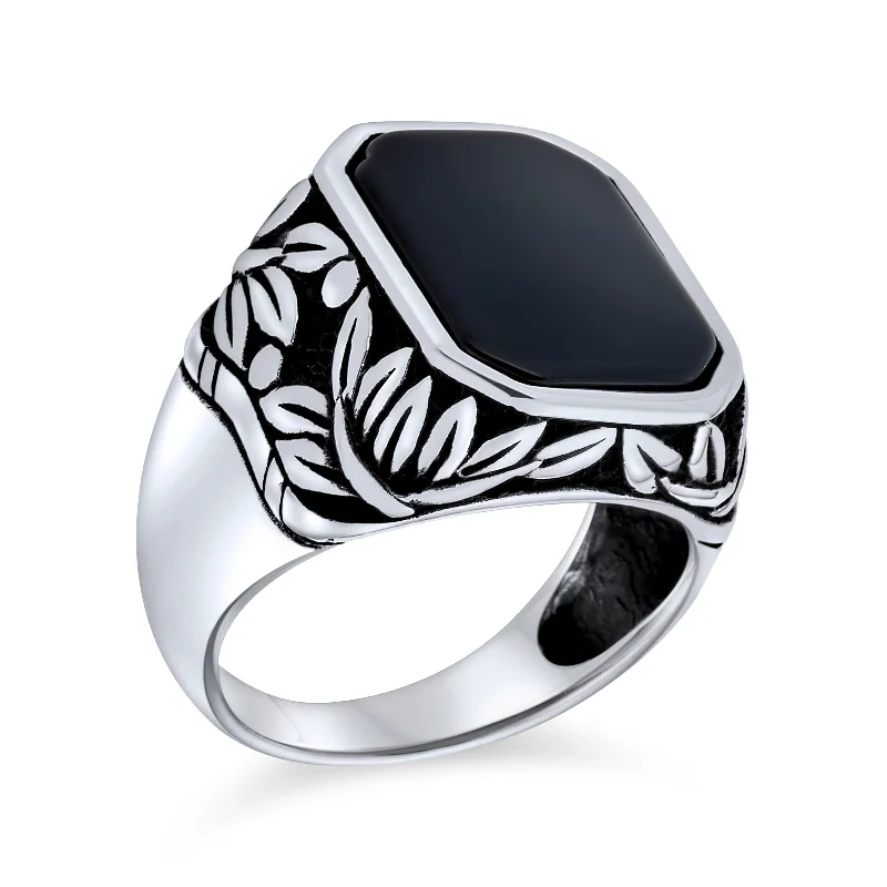 women’s heirloom ring-Retro Vintage Mens Silver Ring Leaf Vine Black Onyx Gemstone Signet Jewelry 925 Sterling