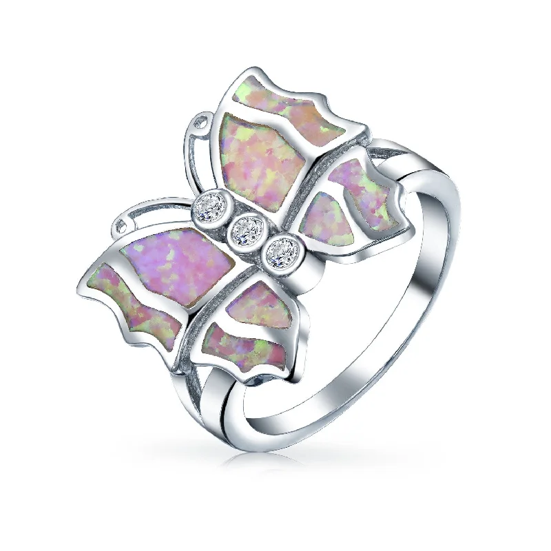 women’s bridal ring set-Cocktail Statement Ring: Pink Opal Butterfly with CZ Accents in Sterling Silver