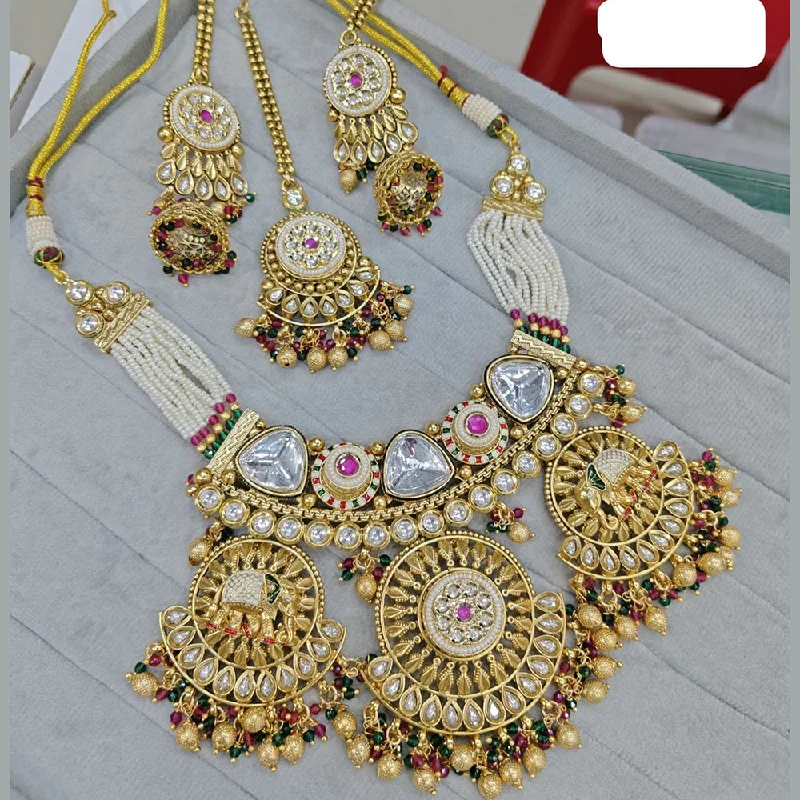 women’s pendant necklace-JCM Gold Plated Kundan Stone And Pearls Meenakari Necklace Set